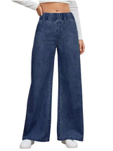 Blue denim wide leg jeans with elastic waist wide waistband for comfortable casual wear