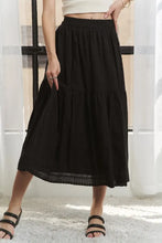 Black Elastic Waistband Tiered Midi Skirt for Women