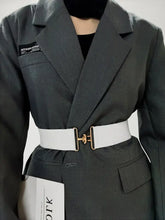 White elastic wide belt with gold buckle for blazers and dresses