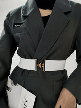 White elastic wide belt with gold buckle for blazers and dresses