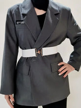 Gray oversized blazer with elastic wide belt and silver details