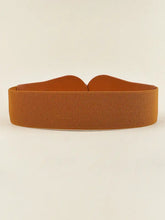 Brown elastic wide belt with gold O-ring buckle and woven texture