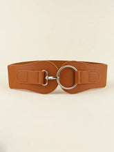 Brown elastic wide belt with gold O-ring buckle for women