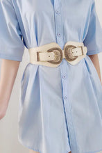 Cream-colored elastic wide belt with shell double buckle design