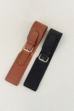 Brown and black elastic wide PU belt with silver buckle