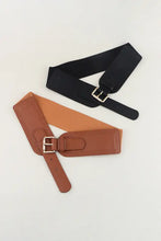 Caramel brown elastic wide PU belt with silver buckle
