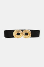 Gold zinc alloy belt with double ring buckle on black elastic waist