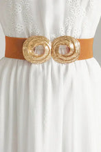 Orange zinc alloy belt with gold metallic rings and woven texture
