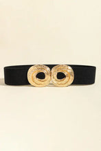 Black zinc alloy elastic belt with textured gold double-circle buckle