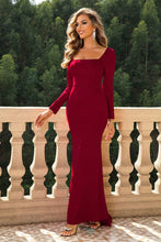 Elegant Long Sleeve Red Evening Gown with Square Neck Wine