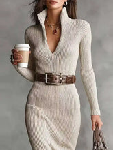 Elegant ribbed knit turtleneck midi sweater dress, off-white, high collar, long sleeves