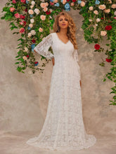 Elegant White Lace Long Sleeve Wedding Dress With Bell Sleeves