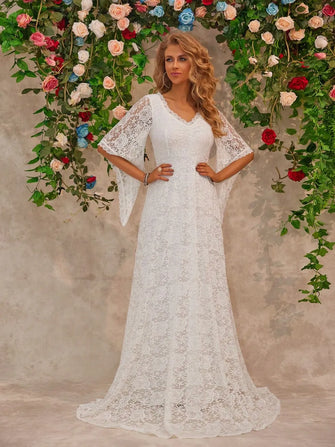 Elegant White Lace Long Sleeve Wedding Dress With Bell Sleeves White