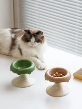 Elevated ceramic pet bowl in green and beige fluted pedestal design
