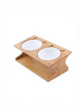 Elevated double ceramic pet bowls with bamboo stand