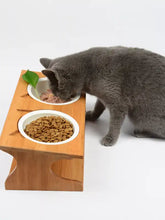 Elevated double ceramic pet bowls with bamboo stand, light brown