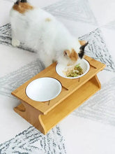 Elevated double ceramic pet bowls with bamboo stand