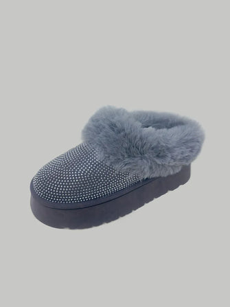 Embellished Faux Fur Platform Booties with Rhinestone Detailing Gray