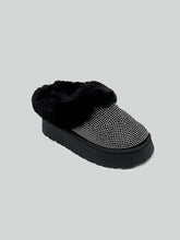Embellished Faux Fur Platform Booties with Rhinestones and Fur Trim Black