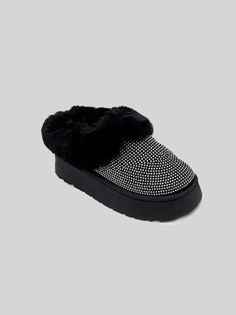 Embellished Faux Fur Platform Booties with Rhinestones and Fur Trim Black