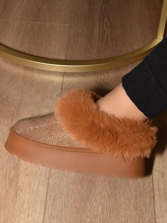 Embellished Faux Fur Platform Slippers for Women Chestnut