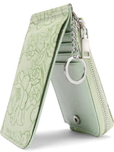 Mint green floral embossed leather bifold wallet with silver chain key ring