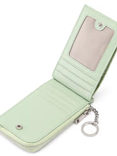 Light green embossed floral faux leather bifold mini wallet with ID window