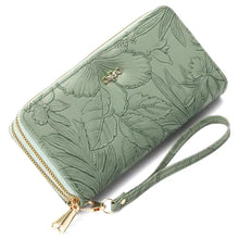 Sage green embossed floral double zipper leather wallet