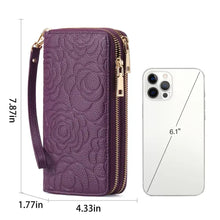 Purple floral embossed leather wallet with gold zippers and wrist strap