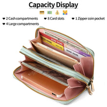 Embossed floral pastel green and pink leather wallet with gold zippers