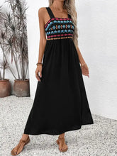 Black sleeveless embroidered maxi dress with colorful geometric bodice