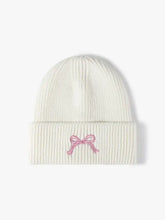 White embroidered bow knit hat with pink bow on beanie