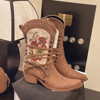 Embroidered Brown Suede Cowboy Boots for Women Brown Woman Boots