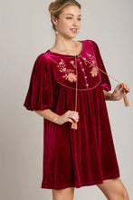 Embroidered Half Sleeve Velvet Mini Dress Burgundy with Floral Detail