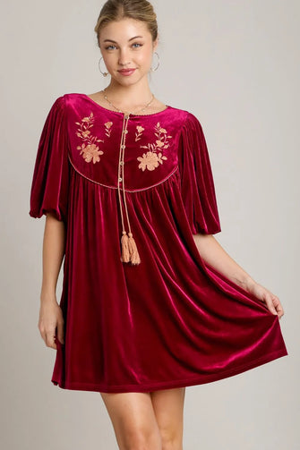 Embroidered Half Sleeve Velvet Mini Dress Burgundy with Floral Detail Burgundy
