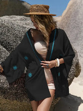 Embroidered open-front black kimono with turquoise floral trim, long sleeve cover up