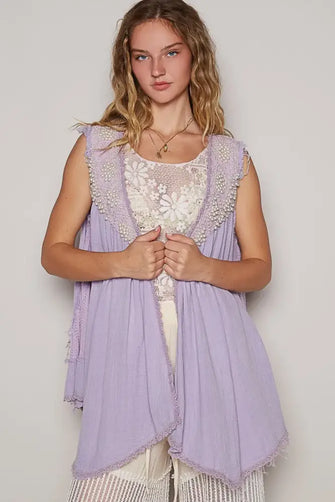 Embroidered Pearls Open Front Lavender Lace Trimmed Sleeveless Cardigan Lavender Woman Outerwear
