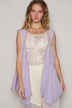 Embroidered Pearls Open Front Lavender Lace Trimmed Sleeveless Cardigan Woman Outerwear