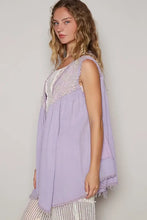 Embroidered pearls open lavender sleeveless lace-trimmed tunic