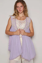 Lavender sleeveless cardigan with embroidered pearls open front and lace trim