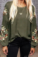 Olive green embroidered round neck balloon sleeve blouse