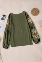 Olive green embroidered round neck balloon sleeve T-shirt with floral patterns