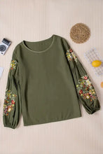 Olive green embroidered round neck balloon sleeve peasant blouse