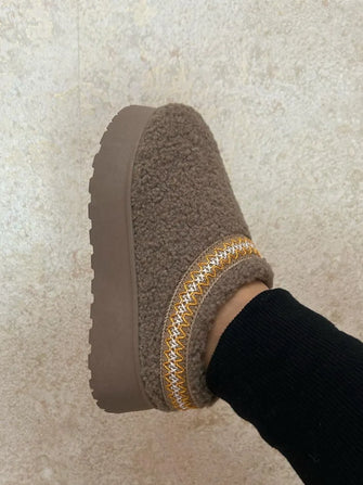 Embroidered Trim Platform Sherpa Boots for Women Taupe