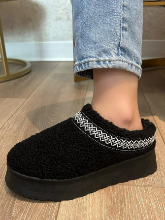 Embroidered Trim Platform Sherpa Slippers and Boots for Women Black