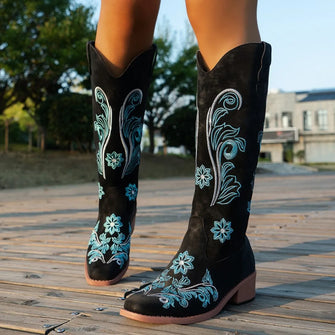 Embroidered Western Cowboy Boots for Women in White Brown and Black Black