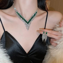 Green and Silver Rhinestone Jewelry Set Necklace and Earrings
