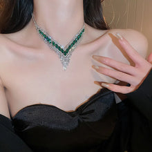 Green and Silver Rhinestone Jewelry Set Necklace and Earrings