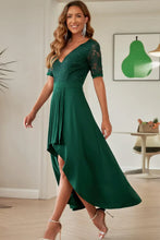 Emerald Green High Low Evening Dress with Lace Bodice Dark Green