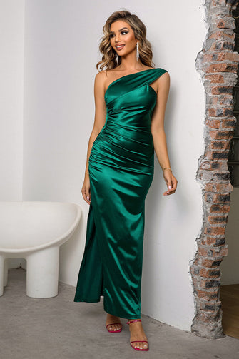 Emerald Green One Shoulder Satin Evening Gown Green